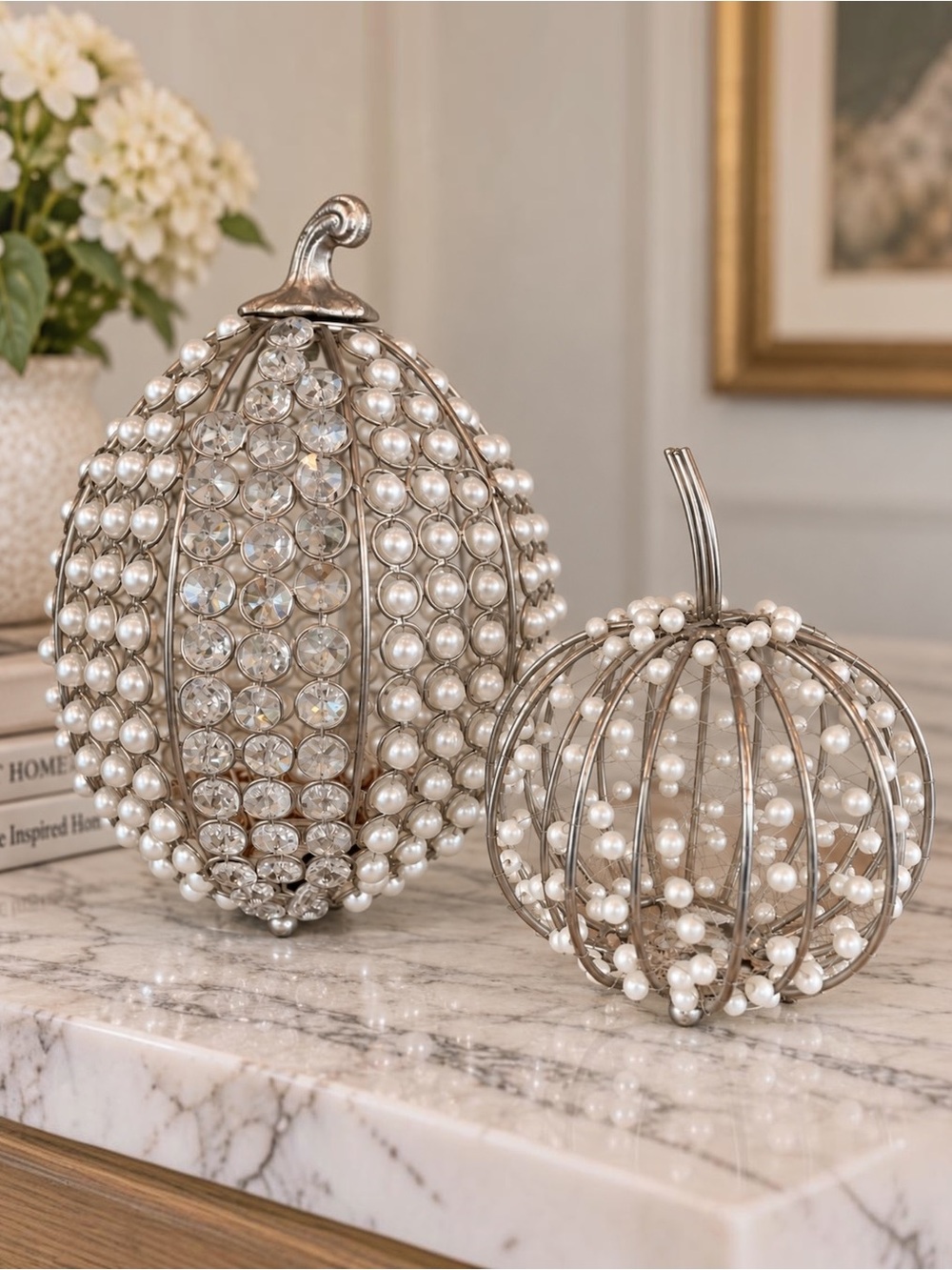 Set Of Halloween Fall Home Decor Lux Faux Pearl & Crystal Silver Pumpkin Sz XL/M